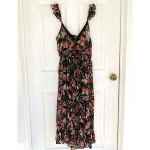 Forever 21 Babydoll Dress M Sheer Ruffles Asymmetric Dark Floral Fairy Cottageco